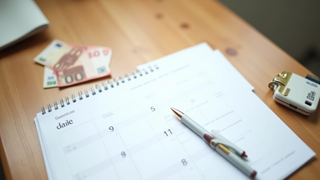 Finanzplanung mit Kalender und Stift, Langzeitsparziele visualisiert, Schreibtisch von oben