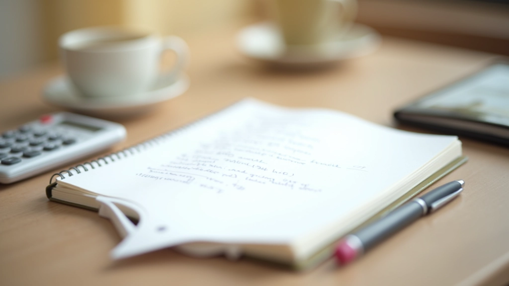 Notebook mit Finanzplanung, Kaffee und Kalkulator auf Holztisch