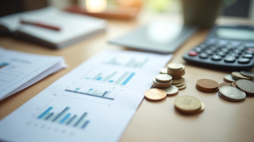 Verschiedene Sparprodukte dargestellt: Münzen, Notizbuch mit Sparplänen, Laptop mit Finanz-Apps
