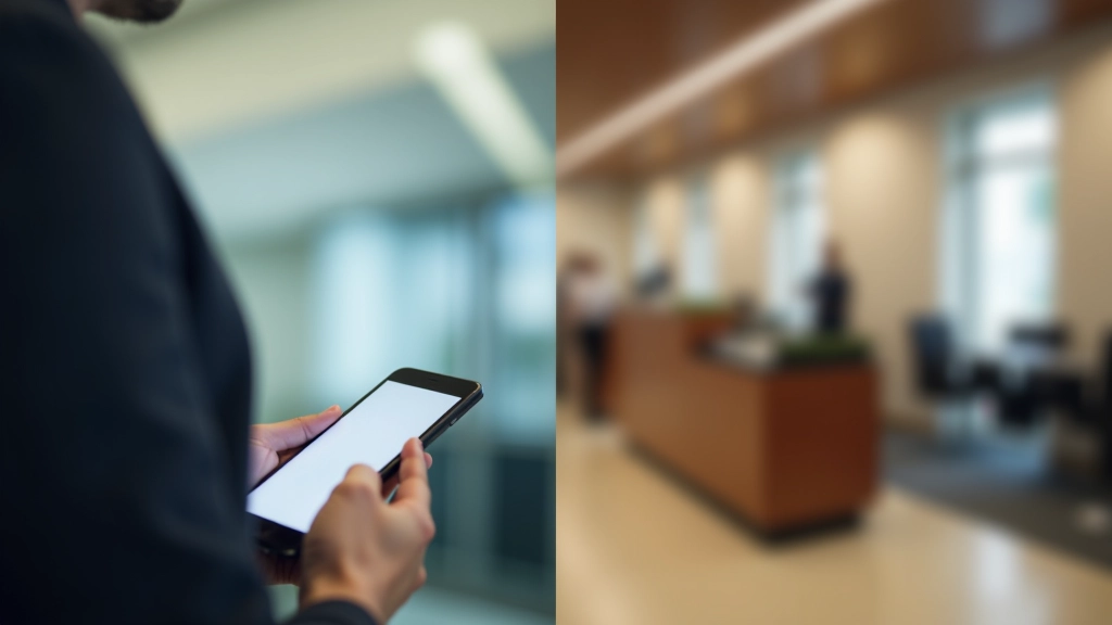 Split-Screen: Links moderne Online-Banking-App auf Smartphone, rechts traditionelle Bankfiliale mit Schalter, zwei verschiedene Bankingwelten