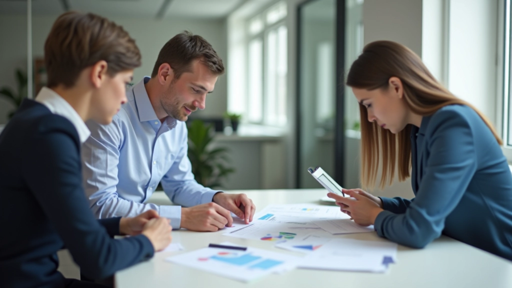 Team bespricht Finanzstrategien mit Dokumenten und Diagrammen