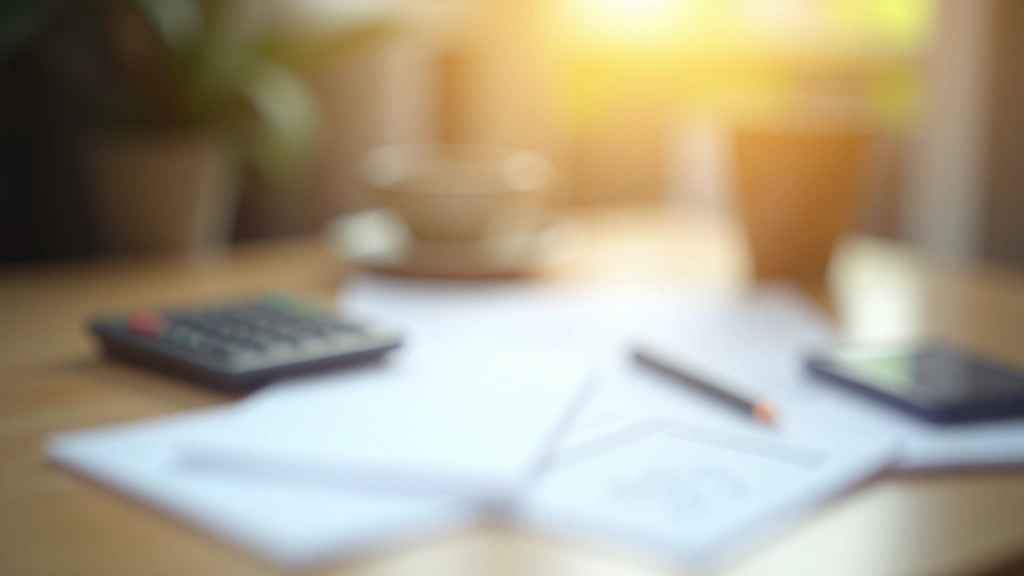 Schreibtisch mit Finanzplanungsunterlagen, Taschenrechner und Kaffee